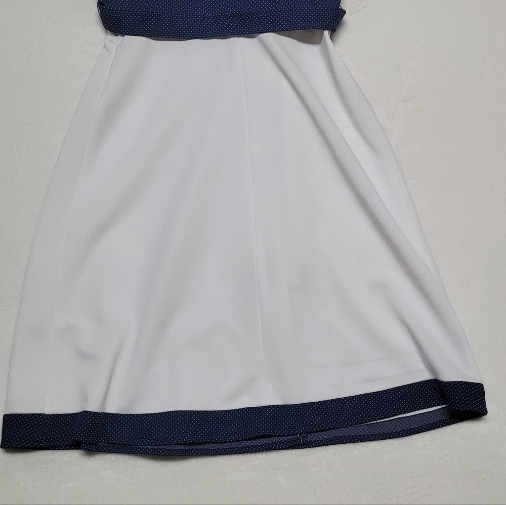 Herman Marcus 60s Vintage Blue White Polka-dot Dagger Collar Midi Wrap Dress 8 - Picture 10 of 12